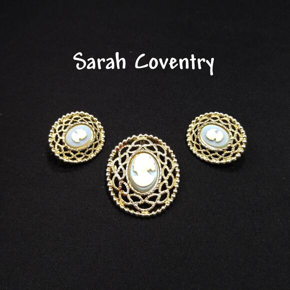 Vintage Sarah Coventry Cameo Brooch Earrings Set, 1970s - Picture 1 of 10